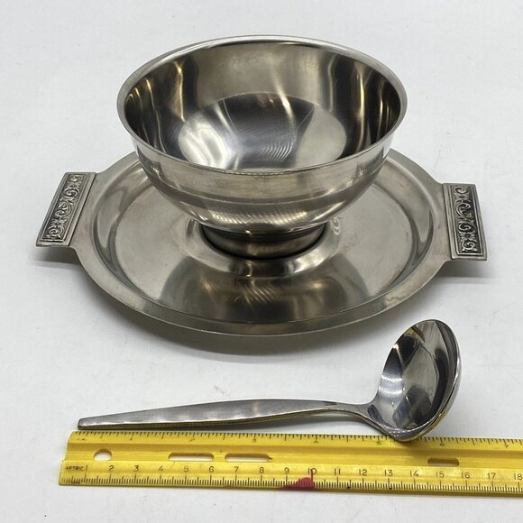 Vtg Mid Century Danish Mod Sauce/Gravy Boat Stainless Steel Attchd Saucer Ladle - Picture 11 of 12